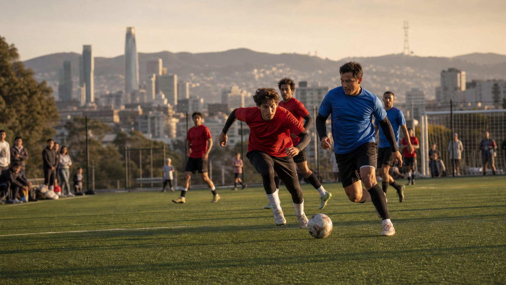 Community soccer match at golden hour